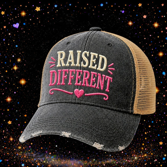 Raised Different | Embroidered Trucker Hat | Snapback Cap | Unisex | Funny