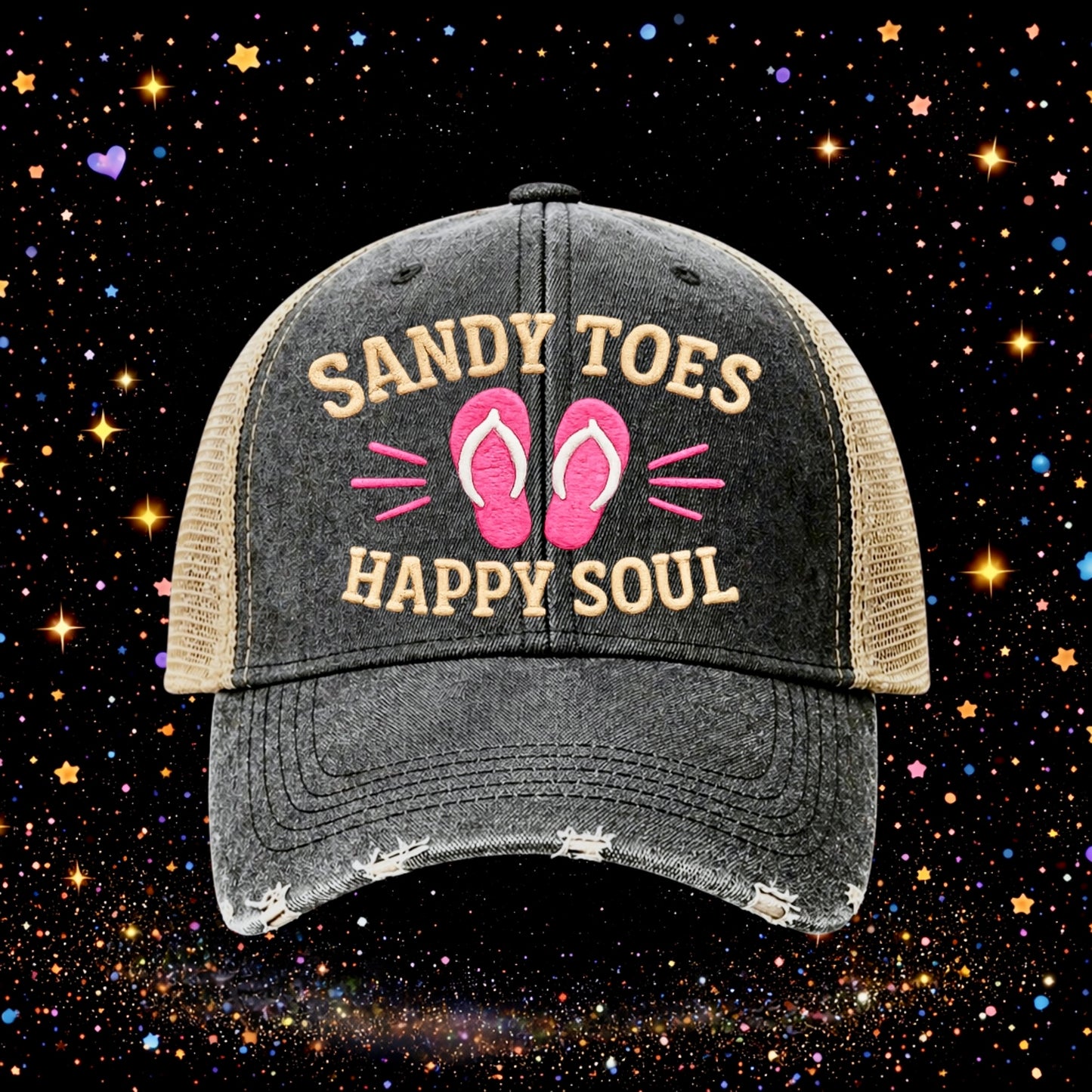 Sandy Toes Happy Soul | Embroidered Trucker Hat | Snapback | Unisex | Baseball Cap