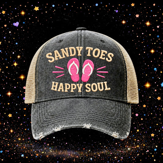 Sandy Toes Happy Soul | Embroidered Trucker Hat | Snapback | Unisex | Baseball Cap