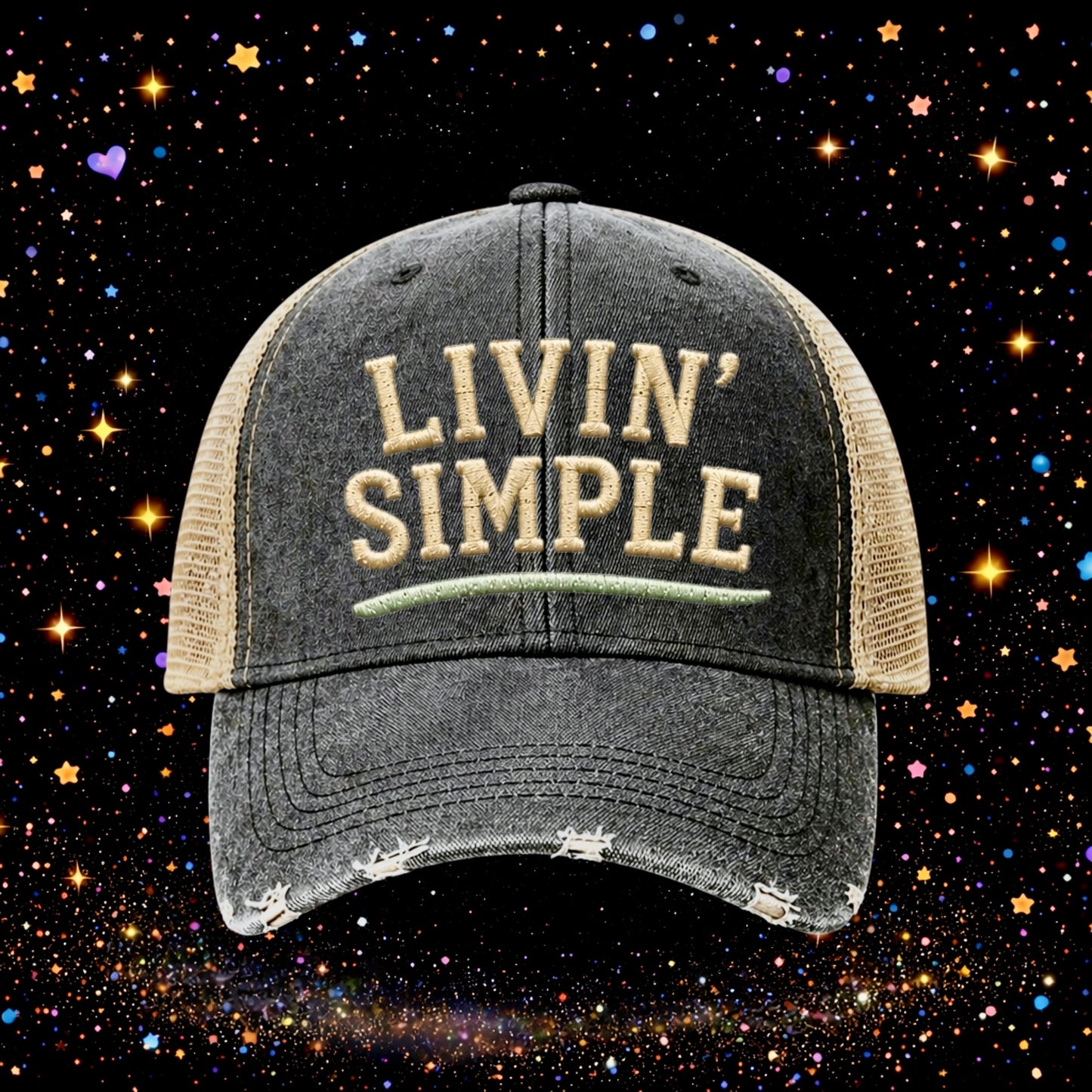 Livin’ Simple | Embroidered Trucker Hat | Snapback Cap | Unisex | Funny