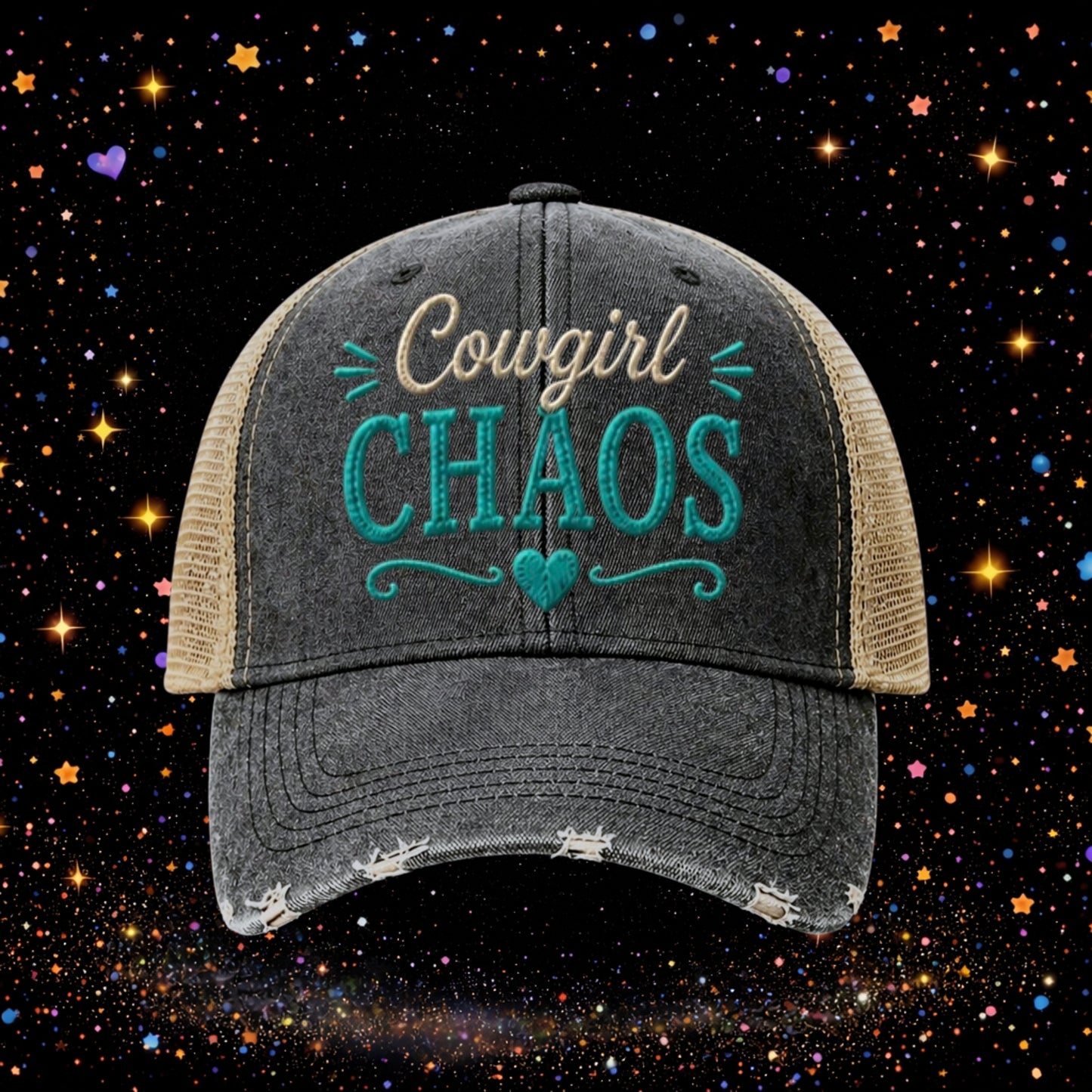 Cowgirl Chaos Trucker Hat | Embroidered Western Snapback |Distressed Cap