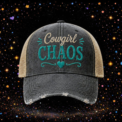 Cowgirl Chaos Trucker Hat | Embroidered Western Snapback |Distressed Cap