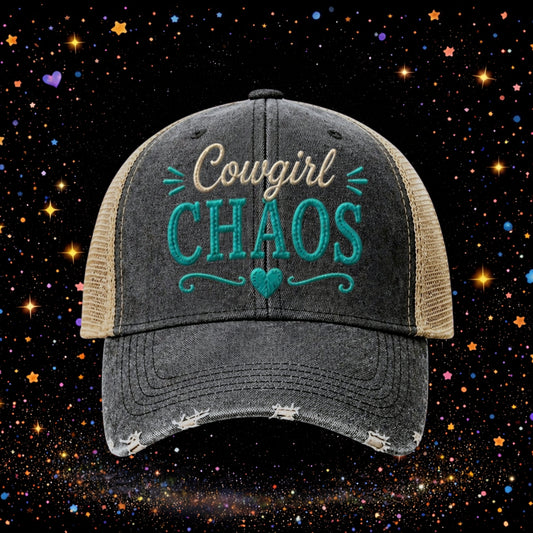 Cowgirl Chaos Trucker Hat | Embroidered Western Snapback |Distressed Cap