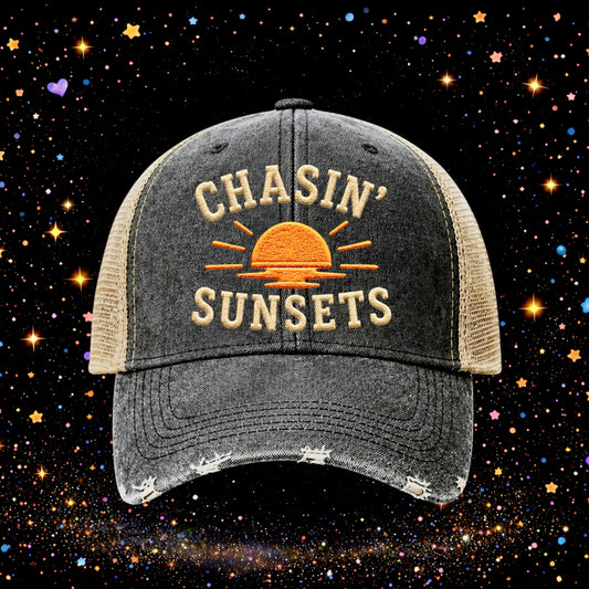 Chasin’ Sunsets | Embroidered Trucker Hat | Snapback | Unisex | Baseball Cap