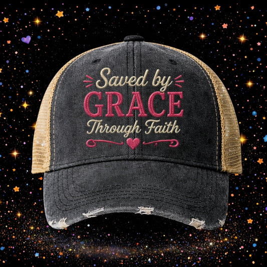 Saved By Grace | Embroidered Trucker Hat | Snapback Cap | Vintage