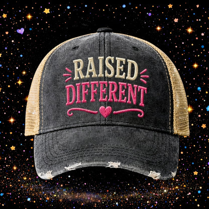 Raised Different | Embroidered Trucker Hat | Snapback Cap | Unisex Hat | Sarcastic Hat
