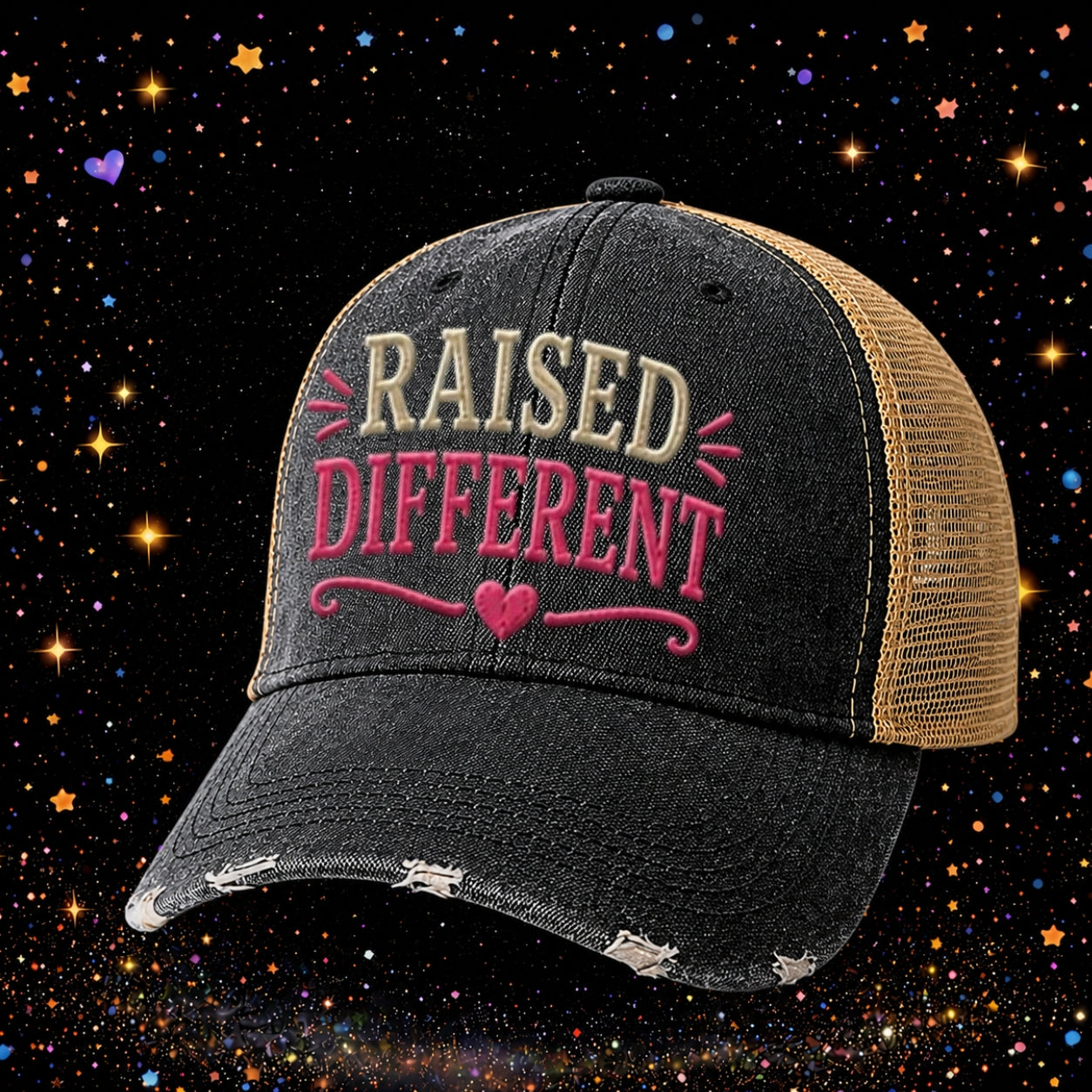 Raised Different | Embroidered Trucker Hat | Snapback Cap | Unisex Hat | Sarcastic Hat