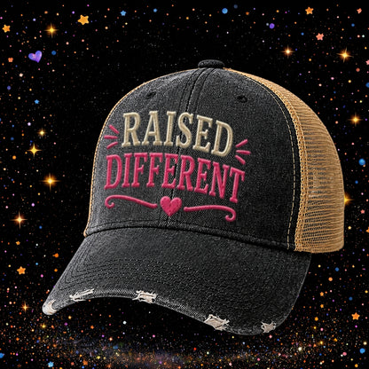 Raised Different | Embroidered Trucker Hat | Snapback Cap | Unisex Hat | Sarcastic Hat
