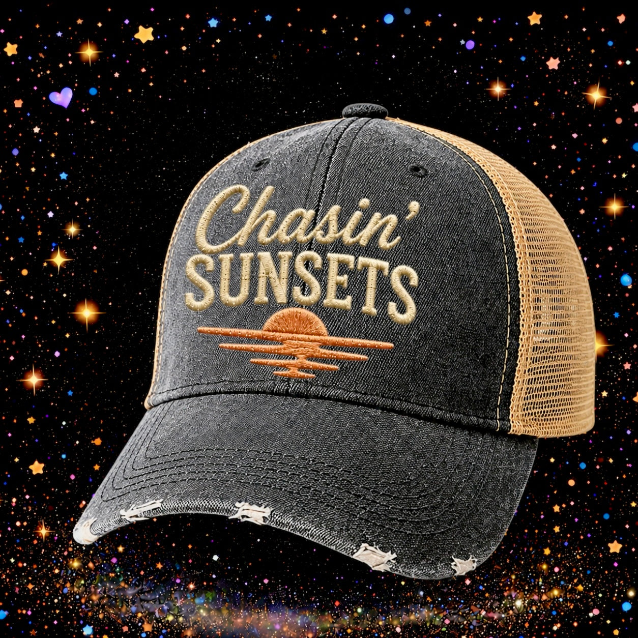 Chasin’ Sunsets | Embroidered Trucker Hat | Snapback Cap | Unisex