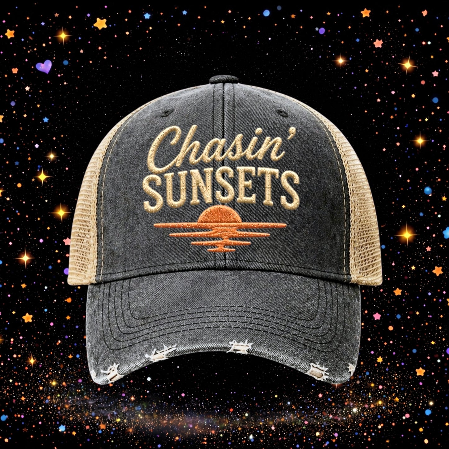 Chasin’ Sunsets | Embroidered Trucker Hat | Snapback Cap | Unisex