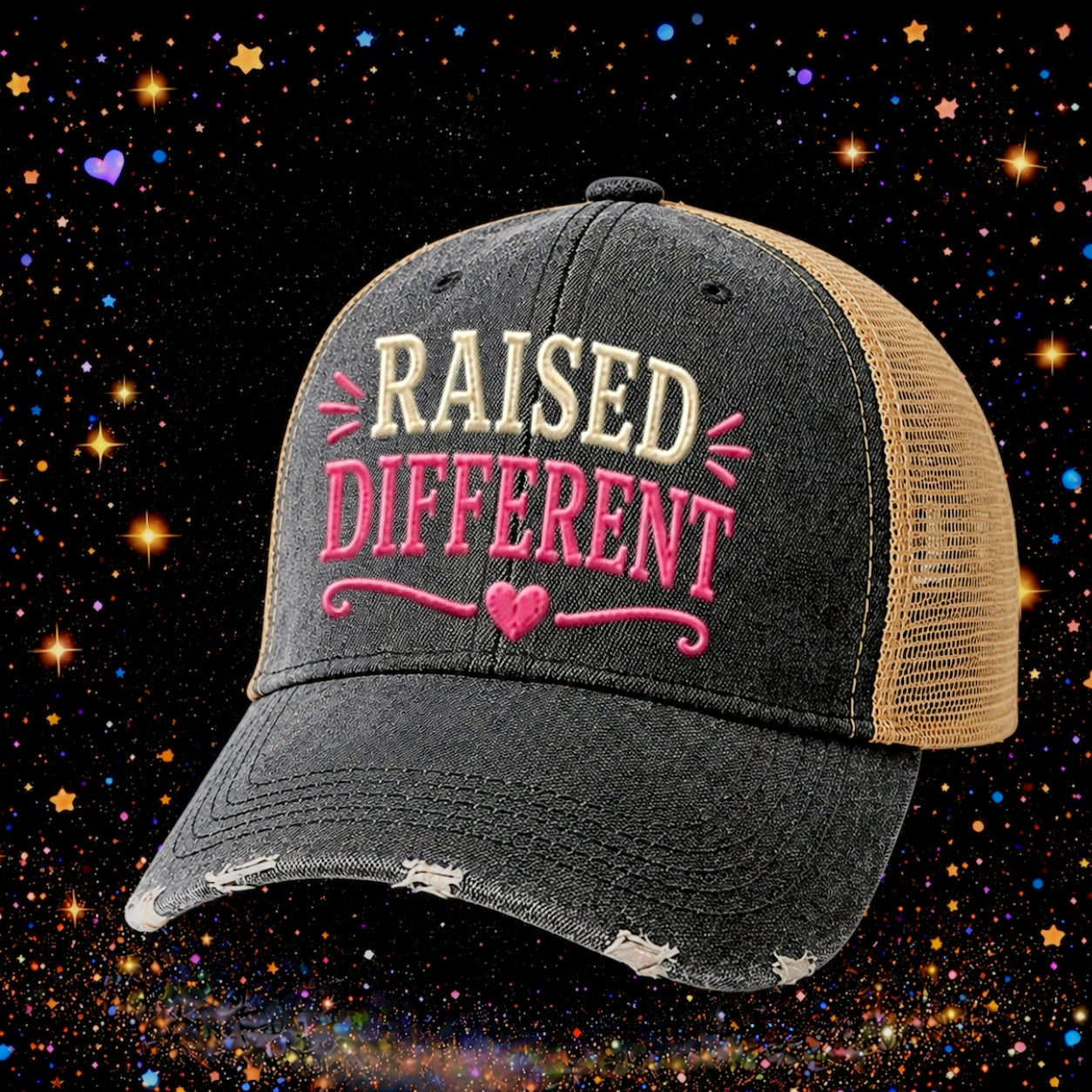 Raised Different | Embroidered Trucker Hat | Snapback Cap | Unisex | Funny