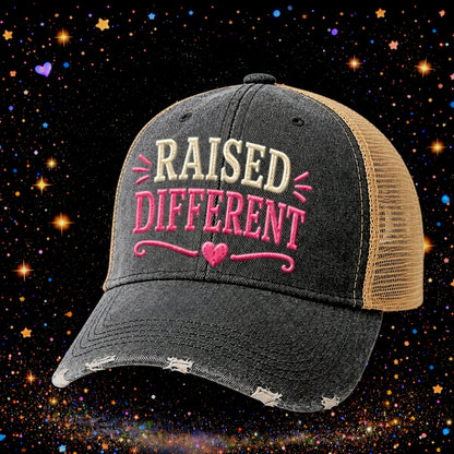 Raised Different | Embroidered Trucker Hat | Snapback Cap | Unisex | Funny