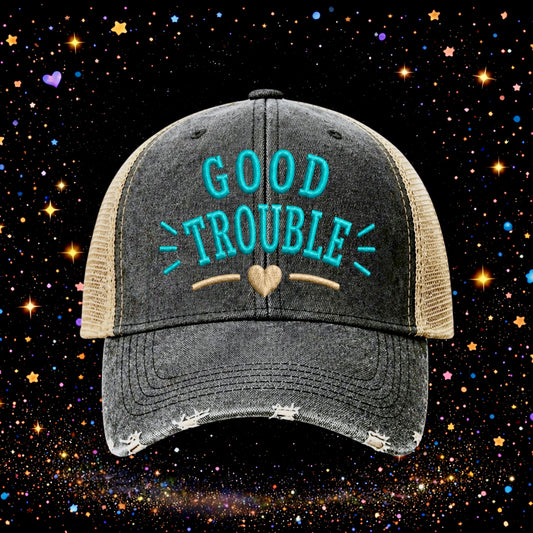 Good Trouble | Embroidered Trucker Hat | Snapback Cap | Vintage