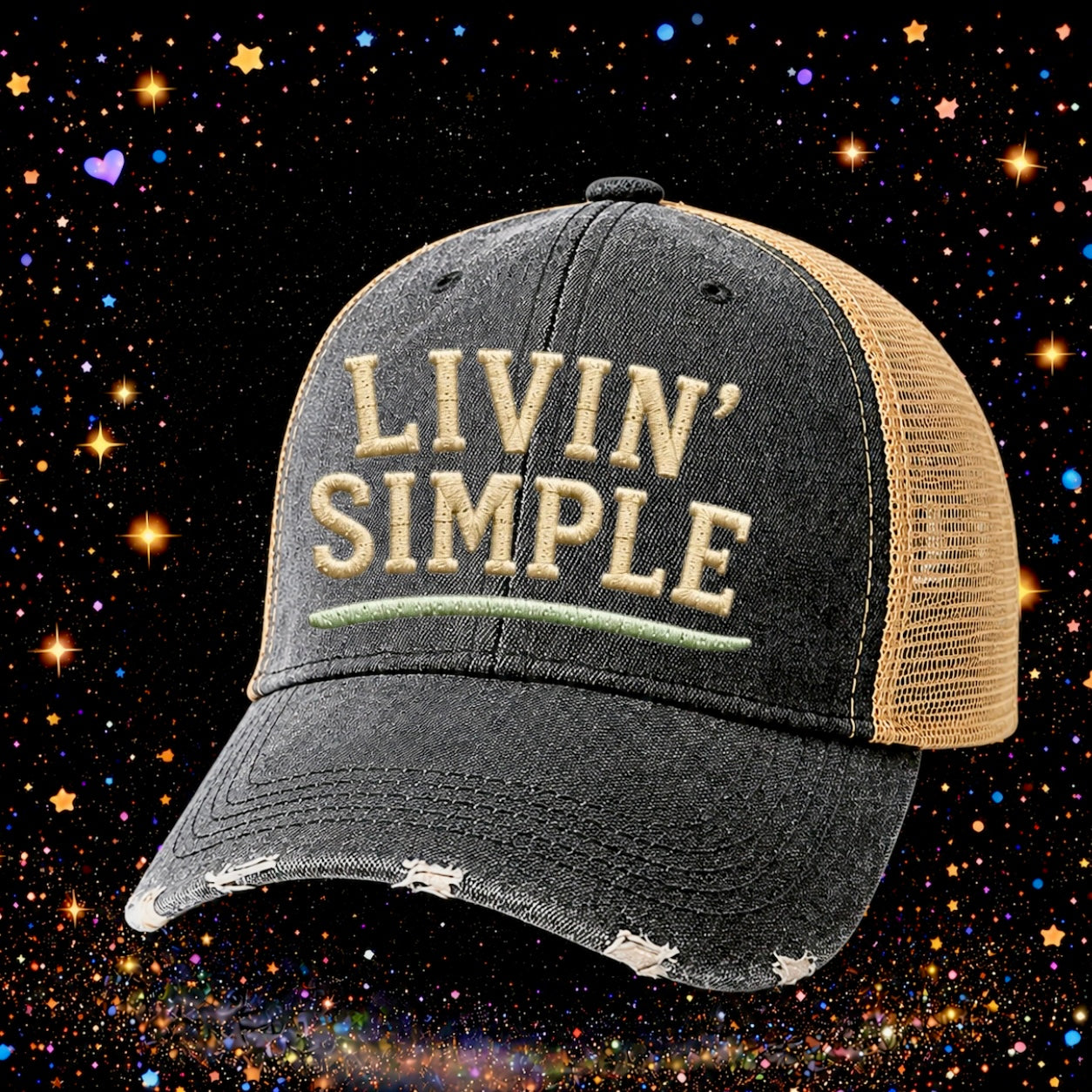Livin’ Simple | Embroidered Trucker Hat | Snapback Cap | Unisex | Funny