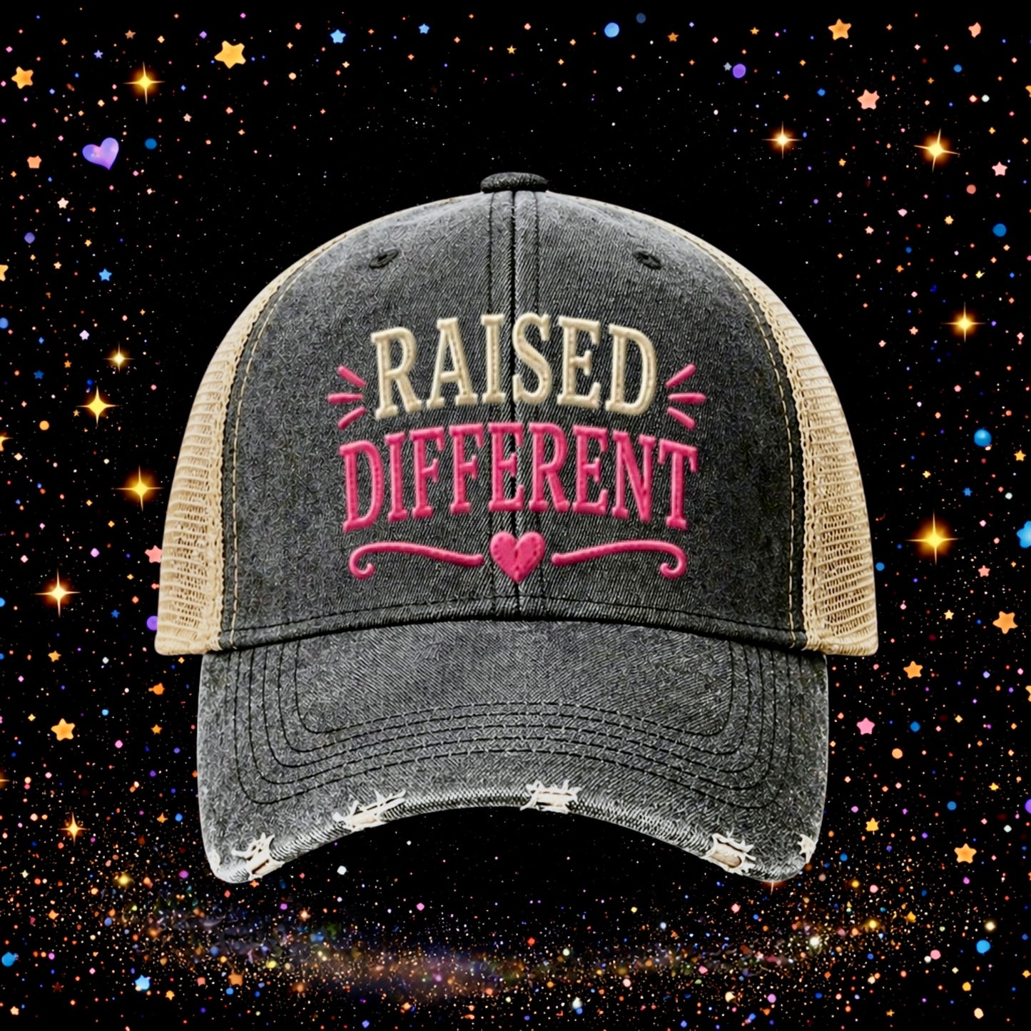 Raised Different | Embroidered Trucker Hat | Snapback Cap | Unisex | Funny