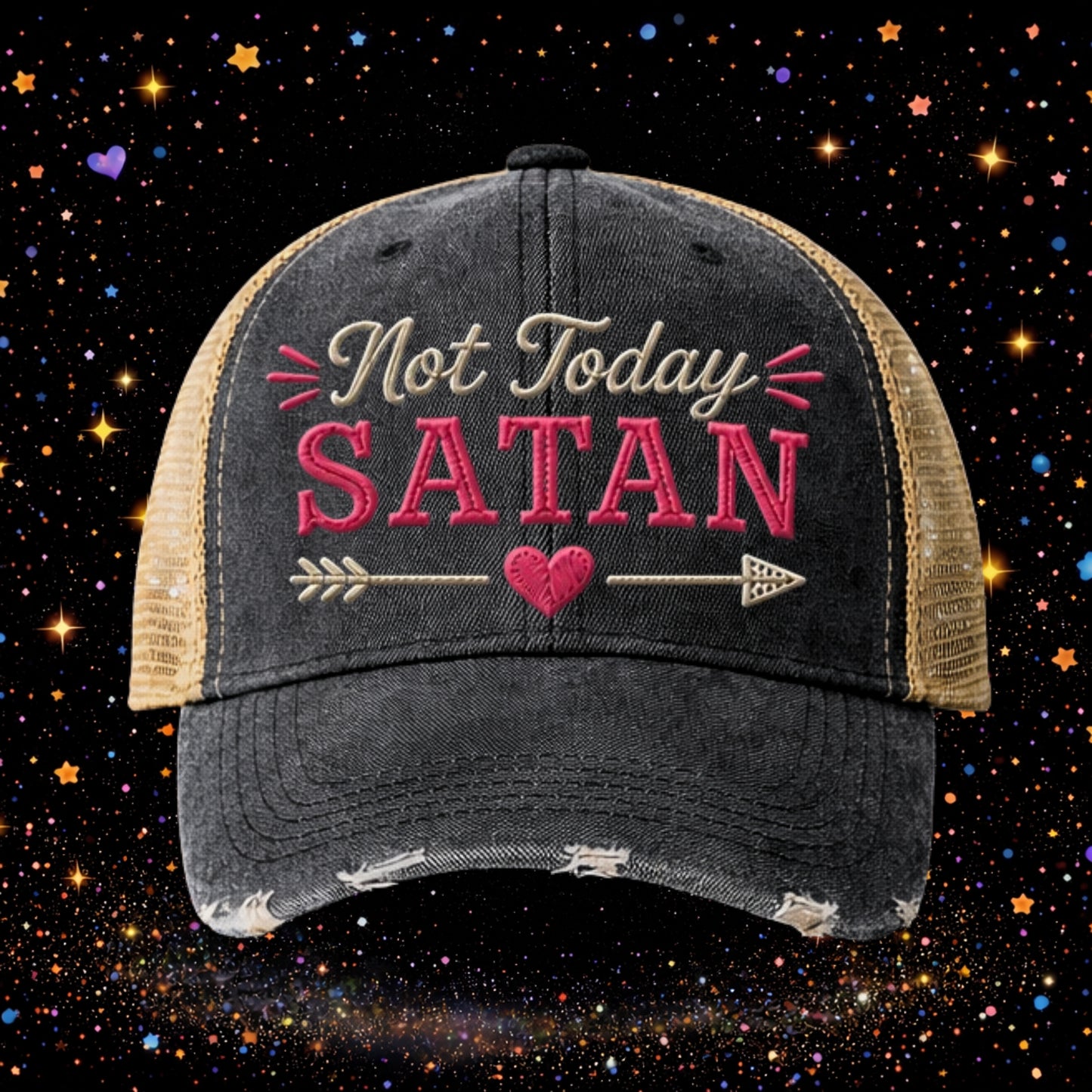 Not Today Satan | Embroidered Trucker Hat | Snapback Cap | Unisex |Distressed