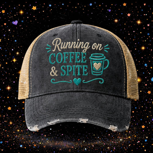 Running On Coffee & Spite | Embroidered Trucker Hat | Snapback Cap